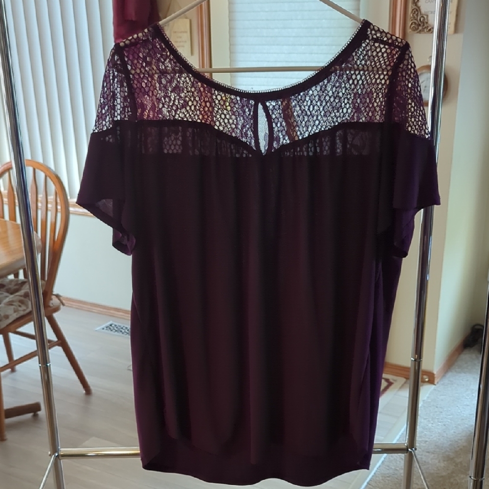 PerSeption Women's Blouse in Rich Purple With Lace Neckline 2X
